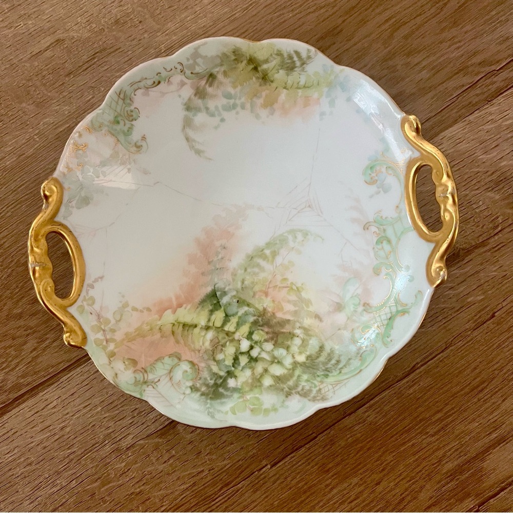 Antique 1891-1900 W.G. & Co. France Hand‎ Painted Leaf Flower Gold Handles Bowl
